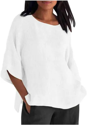 3/4 Length Sleeve Womens Tops 2025 Spring Crewneck Going Out Blouse Cotton Linen Casual Three Quarter Sleeve Shirts