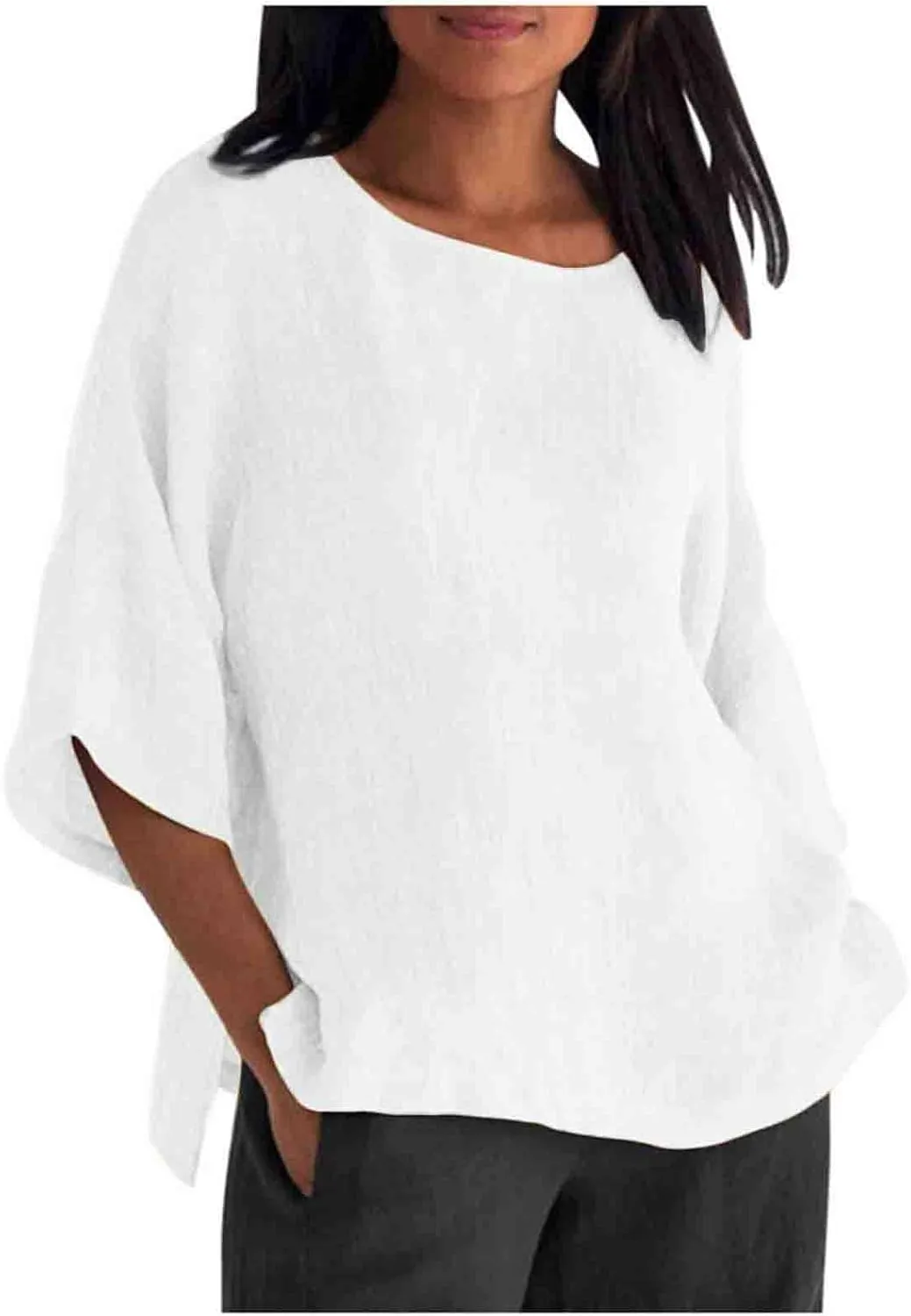 3/4 Length Sleeve Womens Tops 2025 Spring Crewneck Going Out Blouse Cotton Linen Casual Three Quarter Sleeve Shirts