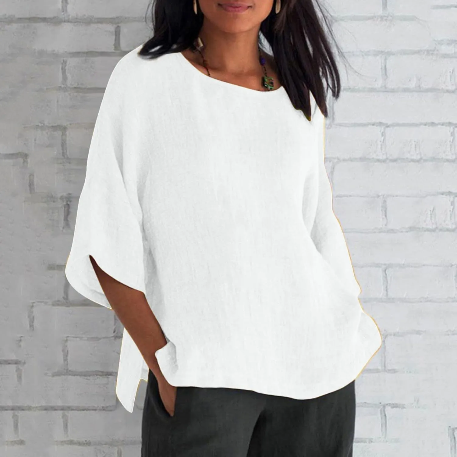 3/4 Length Sleeve Womens Tops 2025 Spring Crewneck Going Out Blouse Cotton Linen Casual Three Quarter Sleeve Shirts