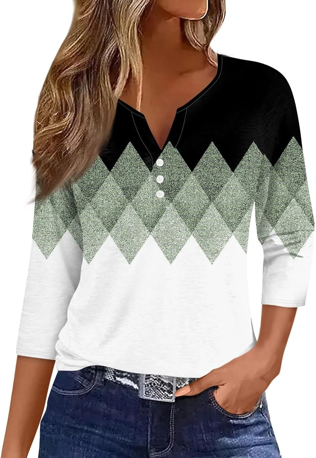 3/4 Sleeve T Shirts for Women Printed Button Down Shirts V Neck Relaxed Fit Tshirt Fashion Casual Loose Blouses