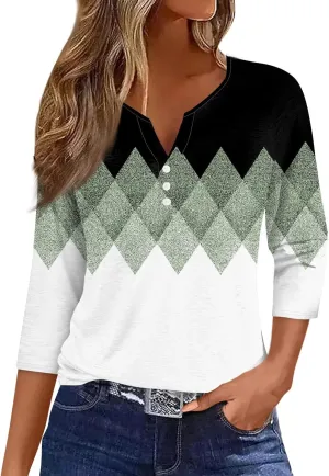 3/4 Sleeve T Shirts for Women Printed Button Down Shirts V Neck Relaxed Fit Tshirt Fashion Casual Loose Blouses