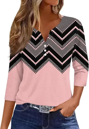 3/4 Sleeve T Shirts for Women Printed Button Down Shirts V Neck Relaxed Fit Tshirt Fashion Casual Loose Blouses