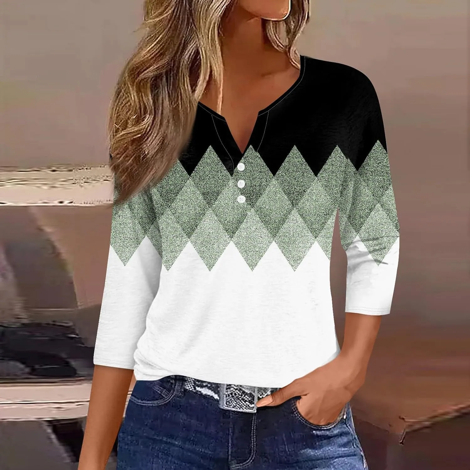3/4 Sleeve T Shirts for Women Printed Button Down Shirts V Neck Relaxed Fit Tshirt Fashion Casual Loose Blouses