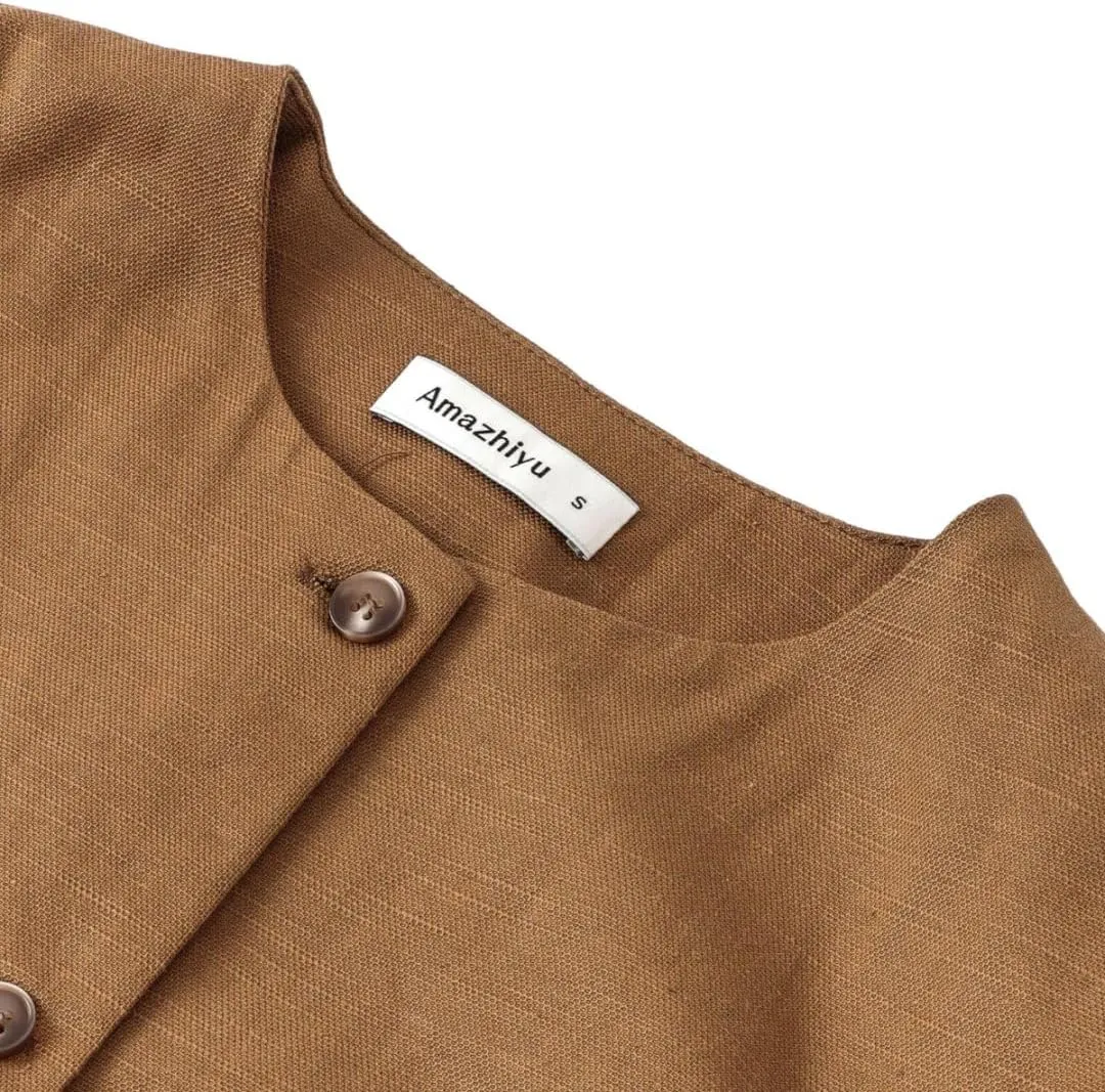 Amazhiyu Women's Linen Blend Round Neck Button Up Blazers Long Sleeve Coat Office