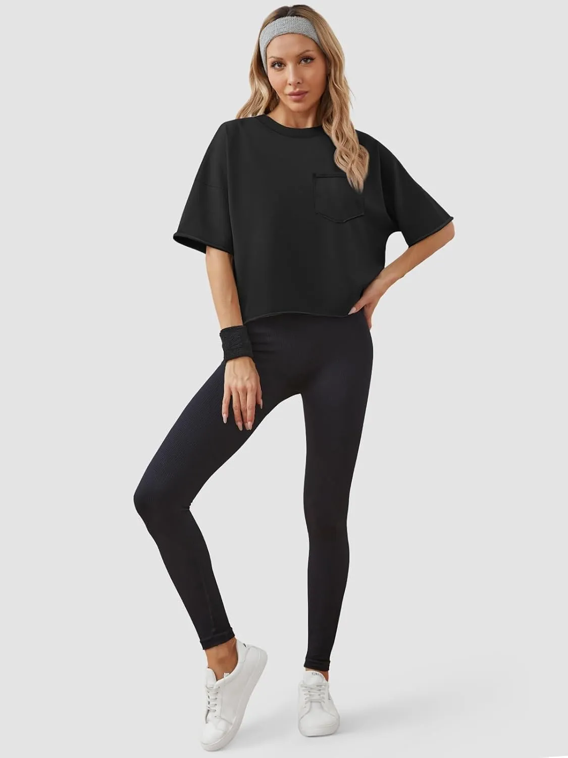 ATHMILE Womens Oversized T-Shirts Short Sleeve Workout Crop Tops Casual Drop Shoulder Boxy Roll Hem Basic Loose Tees