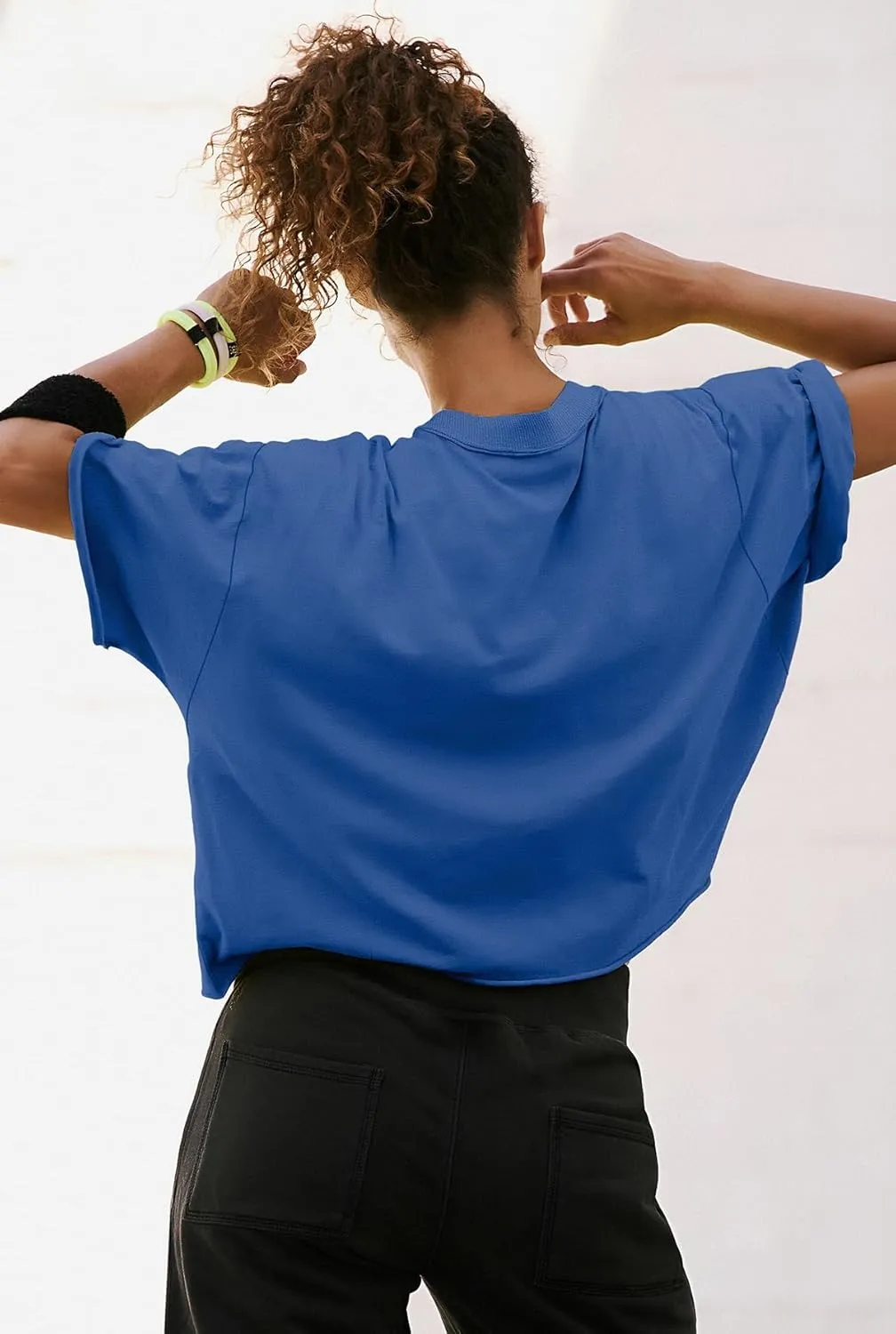ATHMILE Womens Oversized T-Shirts Short Sleeve Workout Crop Tops Casual Drop Shoulder Boxy Roll Hem Basic Loose Tees