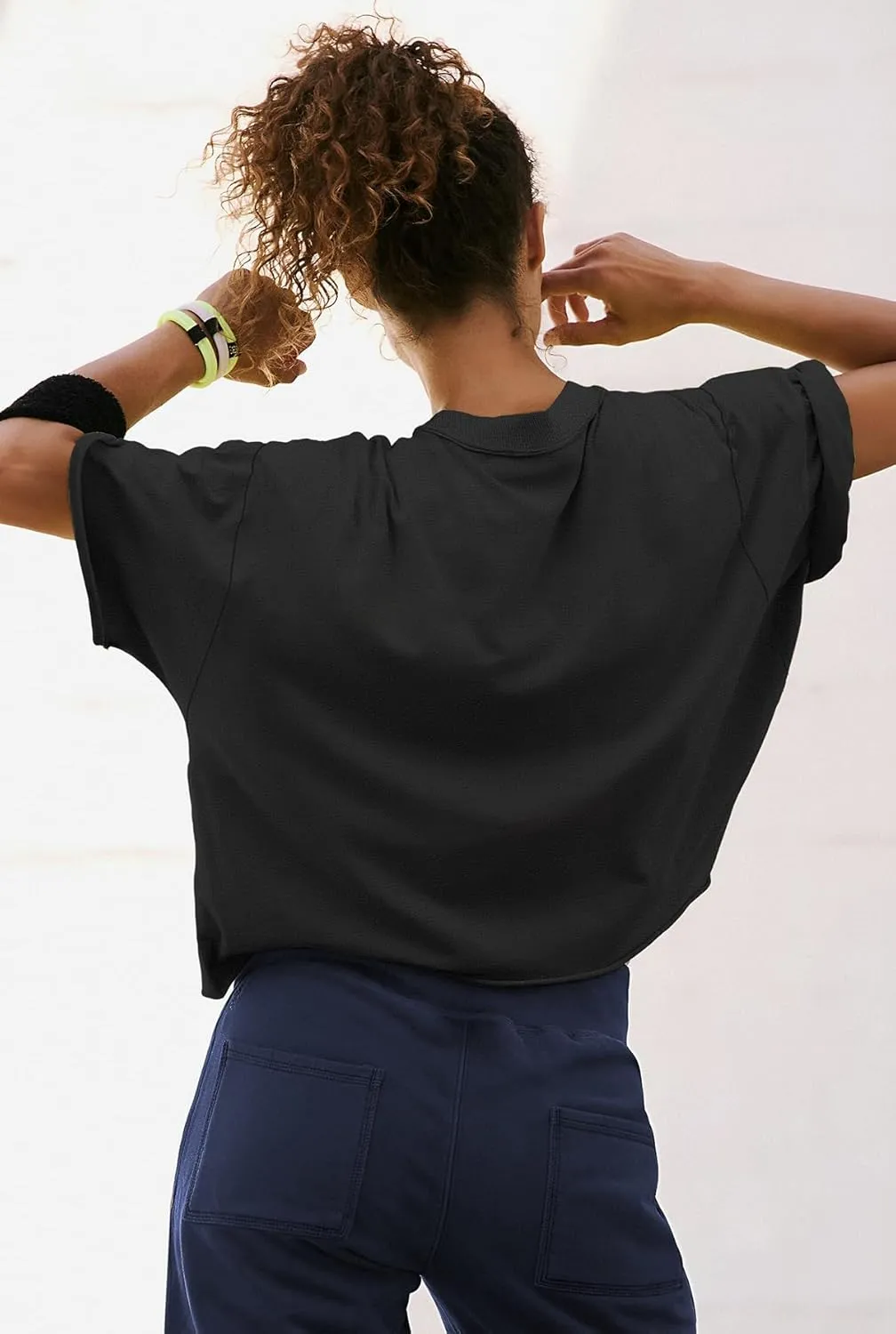 ATHMILE Womens Oversized T-Shirts Short Sleeve Workout Crop Tops Casual Drop Shoulder Boxy Roll Hem Basic Loose Tees