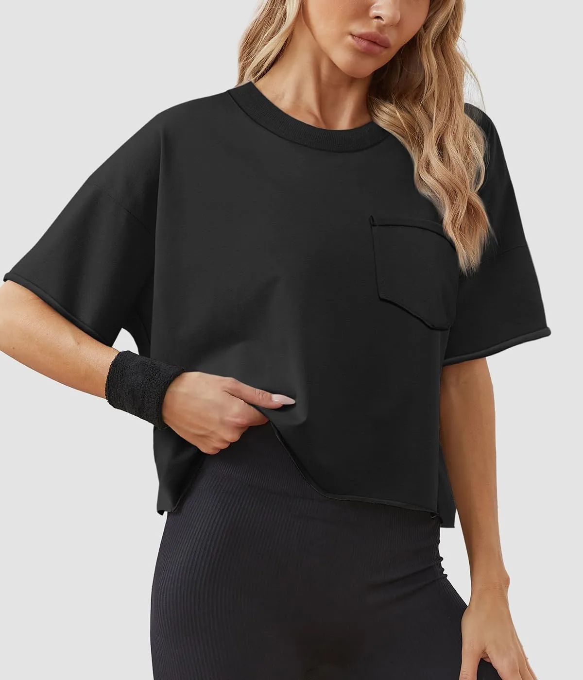 ATHMILE Womens Oversized T-Shirts Short Sleeve Workout Crop Tops Casual Drop Shoulder Boxy Roll Hem Basic Loose Tees