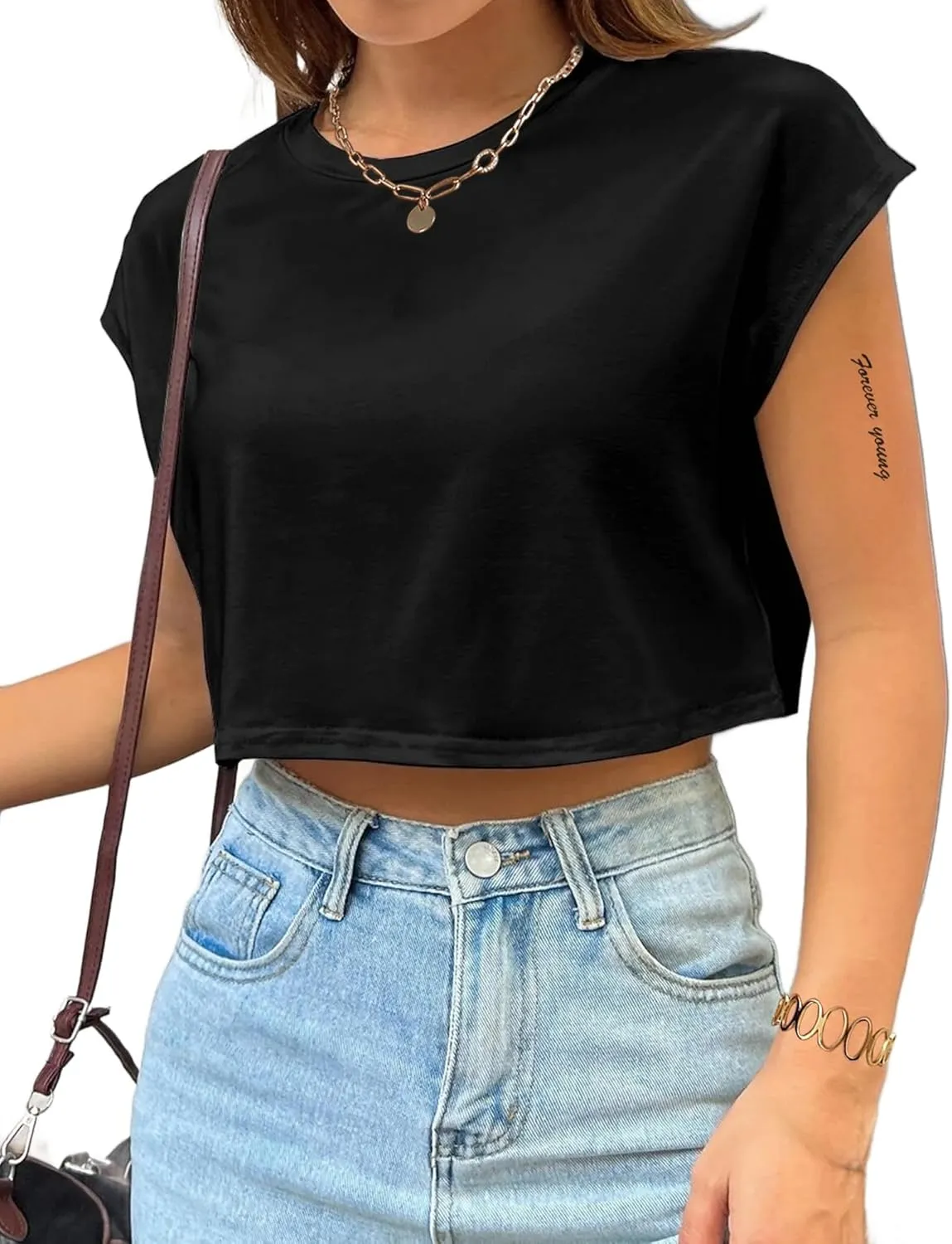 Avanova Women Oversized Batwing Boxy Tee Shirt Crewneck Loose Short Sleeve Crop Top
