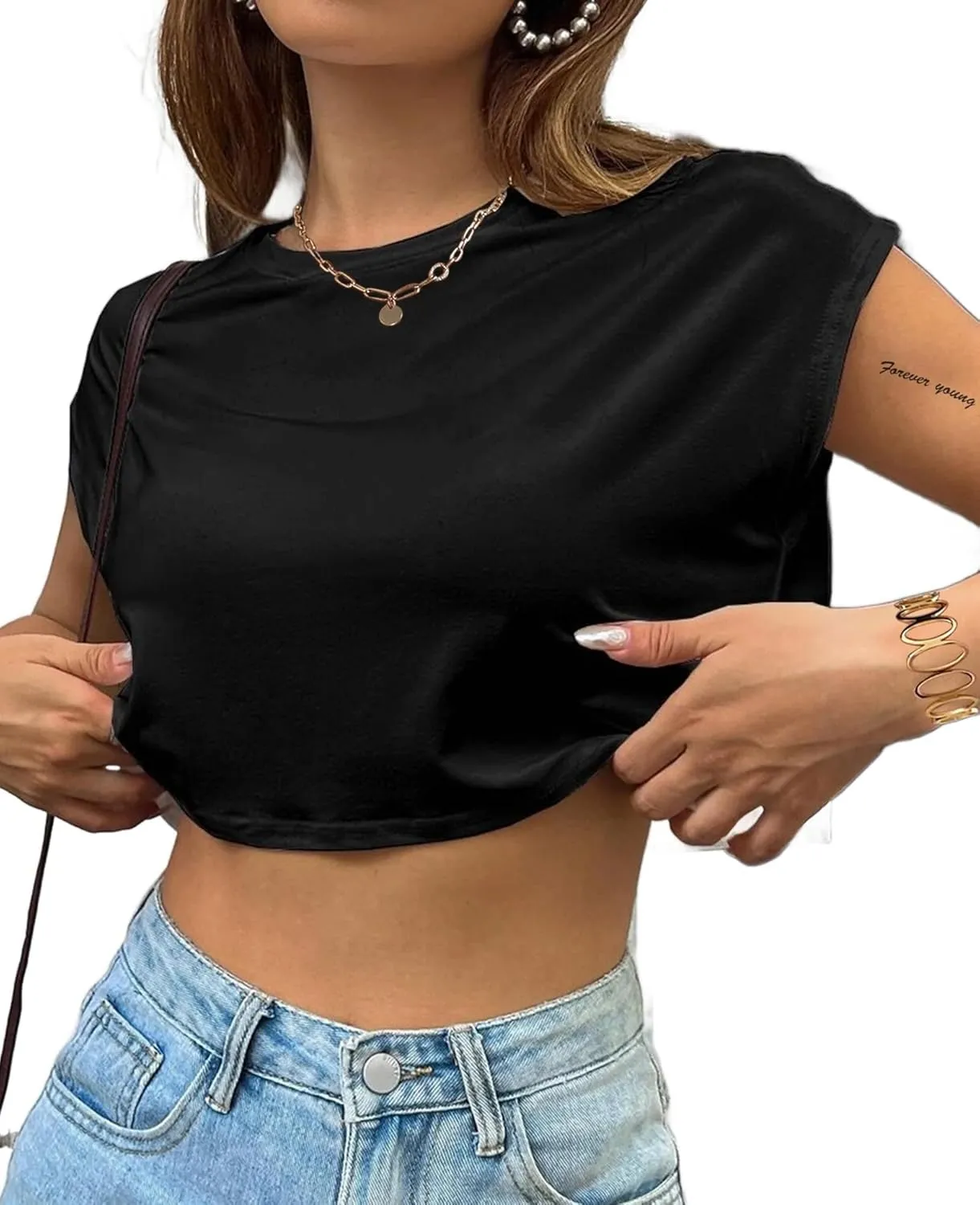 Avanova Women Oversized Batwing Boxy Tee Shirt Crewneck Loose Short Sleeve Crop Top