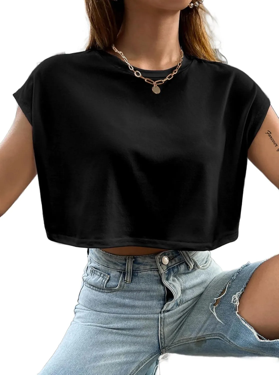 Avanova Women Oversized Batwing Boxy Tee Shirt Crewneck Loose Short Sleeve Crop Top