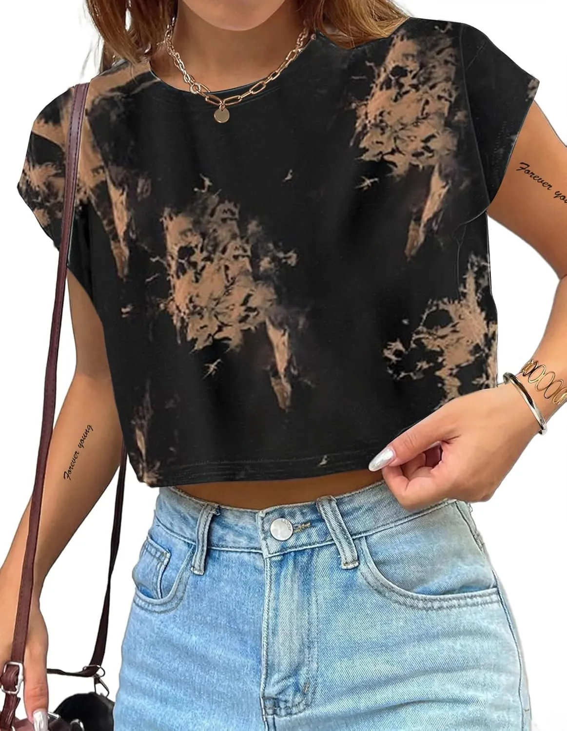 Avanova Women Oversized Batwing Boxy Tee Shirt Crewneck Loose Short Sleeve Crop Top
