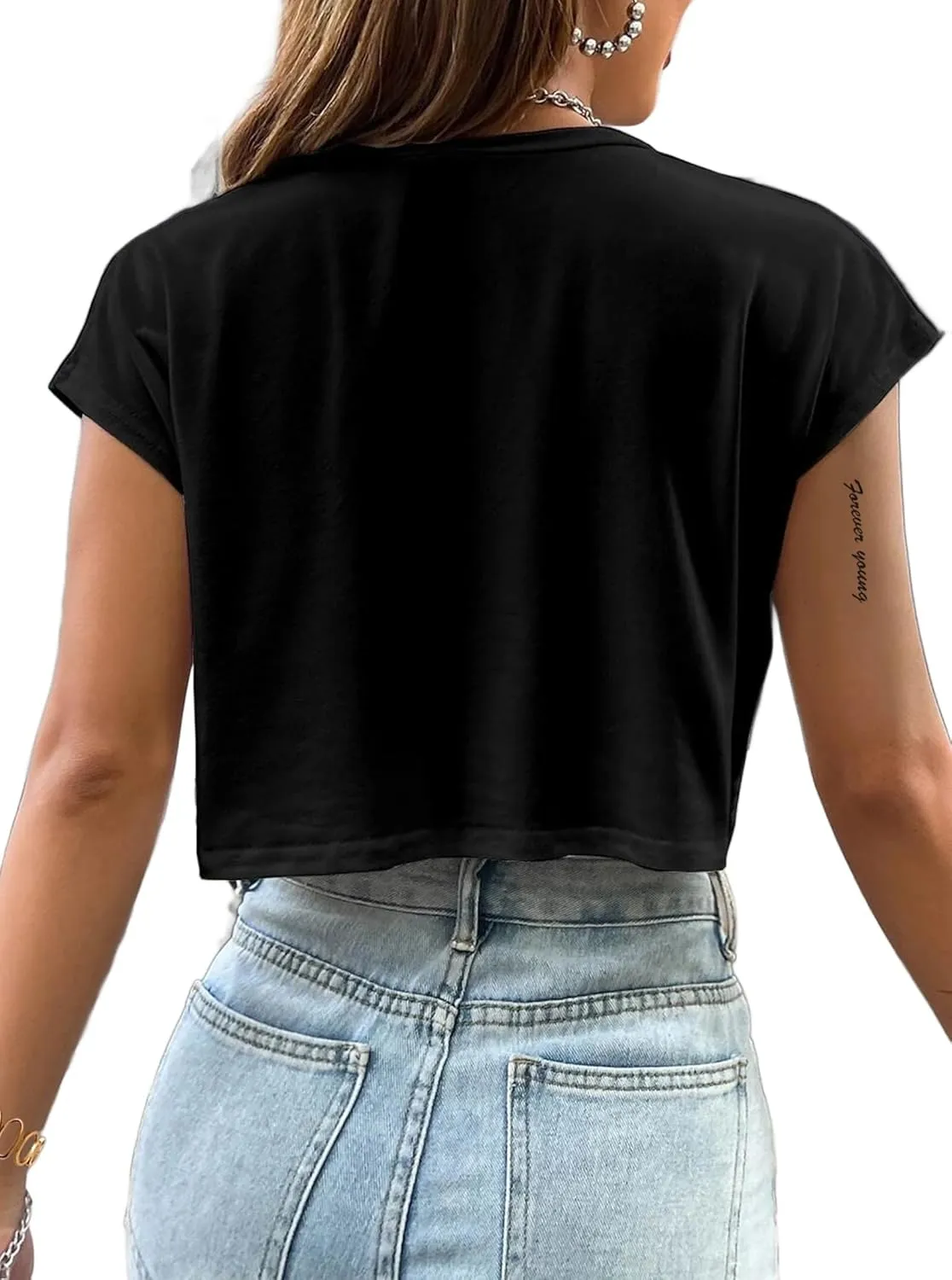 Avanova Women Oversized Batwing Boxy Tee Shirt Crewneck Loose Short Sleeve Crop Top