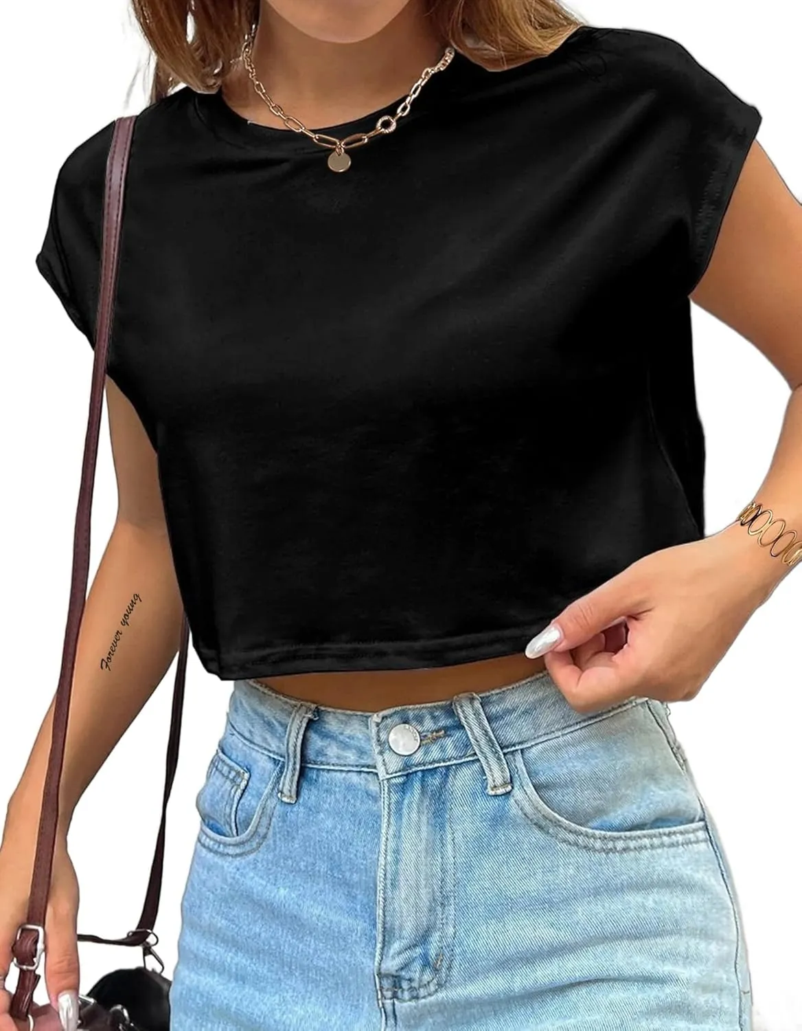 Avanova Women Oversized Batwing Boxy Tee Shirt Crewneck Loose Short Sleeve Crop Top