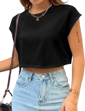 Avanova Women Oversized Batwing Boxy Tee Shirt Crewneck Loose Short Sleeve Crop Top