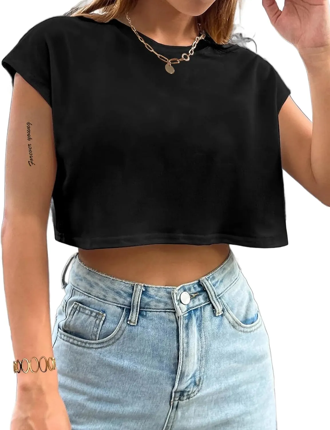Avanova Women Oversized Batwing Boxy Tee Shirt Crewneck Loose Short Sleeve Crop Top
