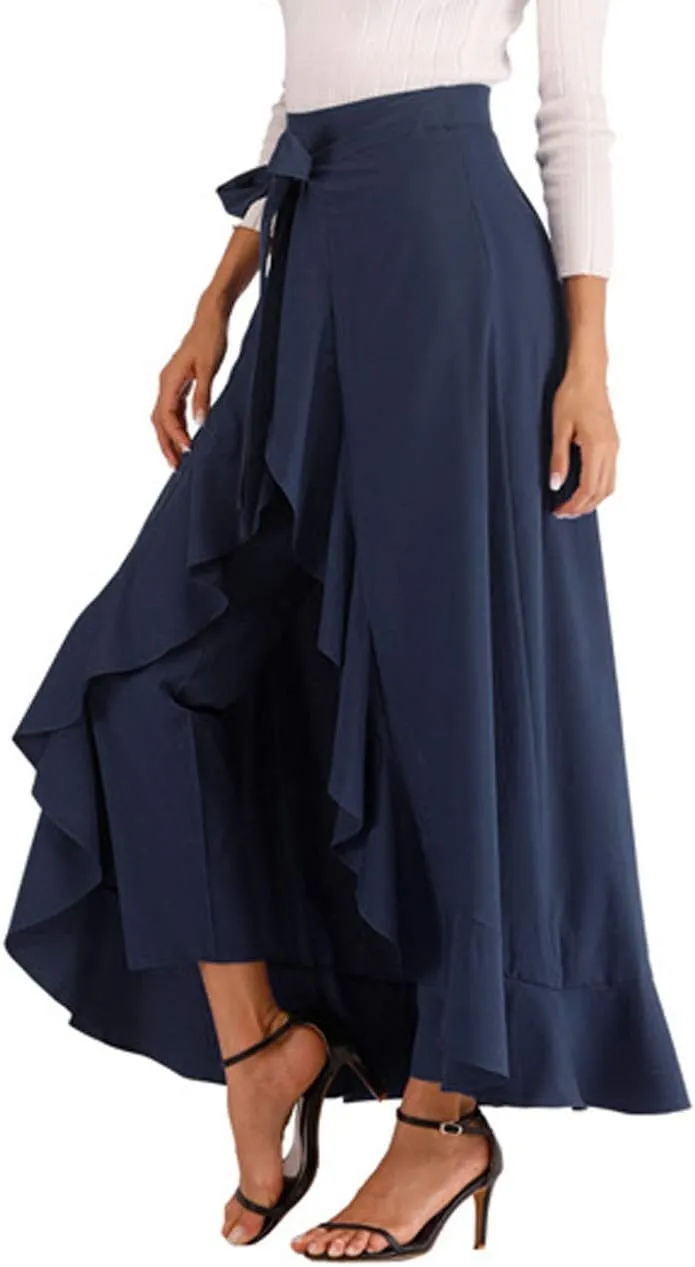 Avitalk Women Ruffle High Waist Pants Skirt Split Long Maxi Palazzo skirt