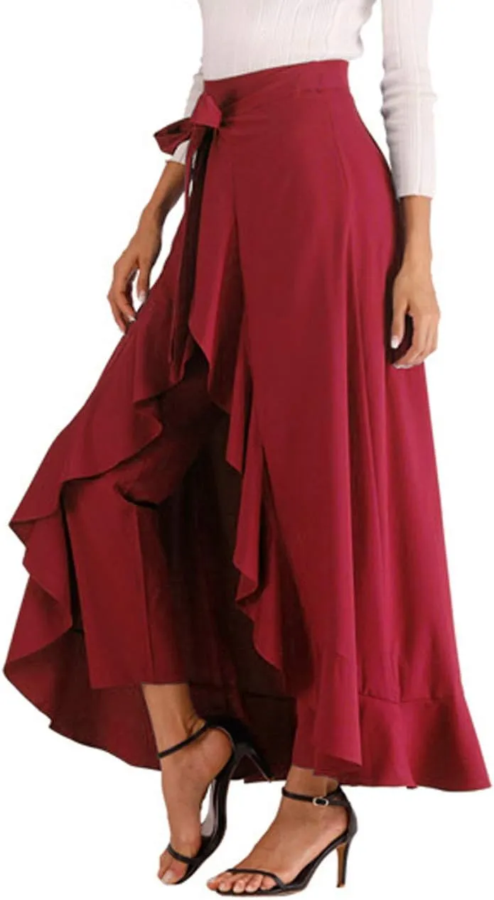 Avitalk Women Ruffle High Waist Pants Skirt Split Long Maxi Palazzo skirt