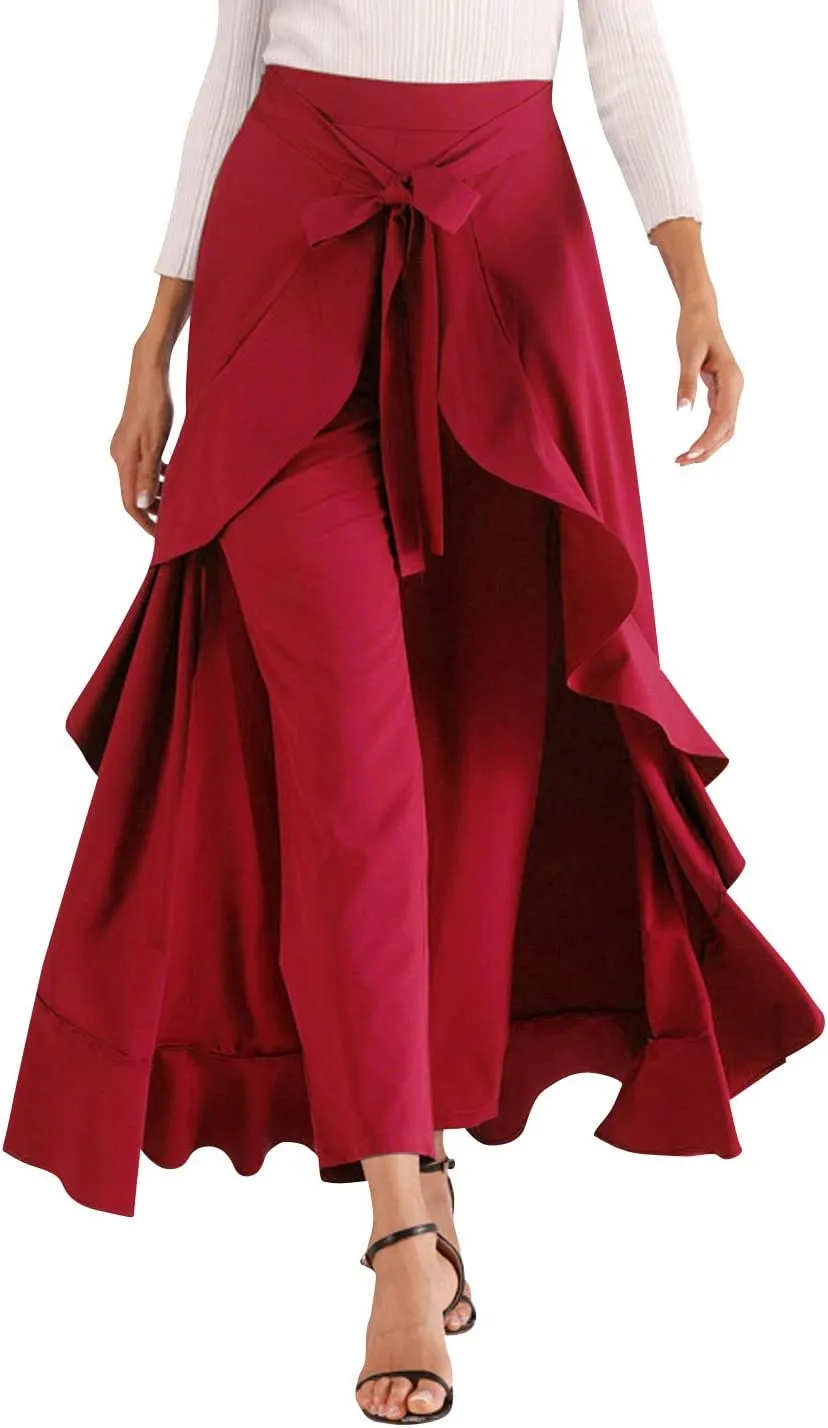Avitalk Women Ruffle High Waist Pants Skirt Split Long Maxi Palazzo skirt