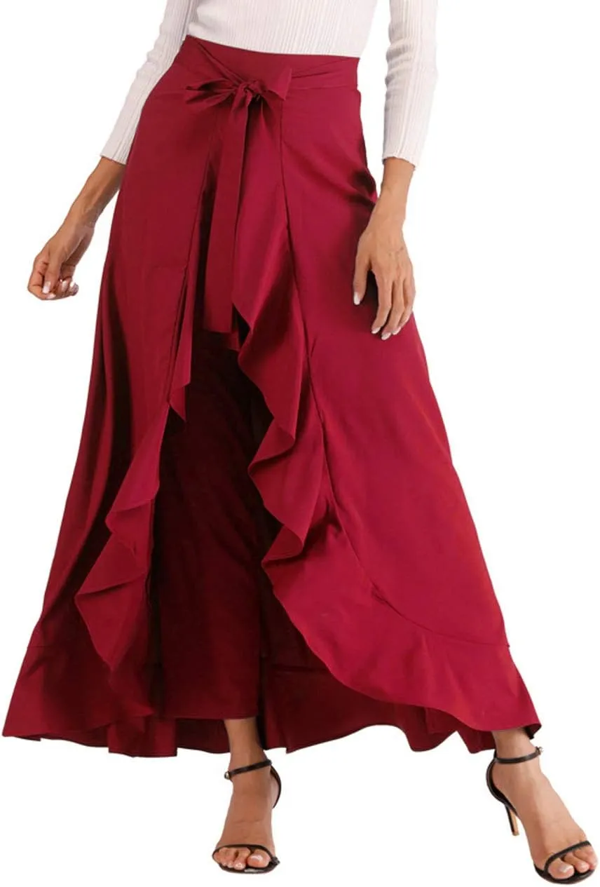 Avitalk Women Ruffle High Waist Pants Skirt Split Long Maxi Palazzo skirt