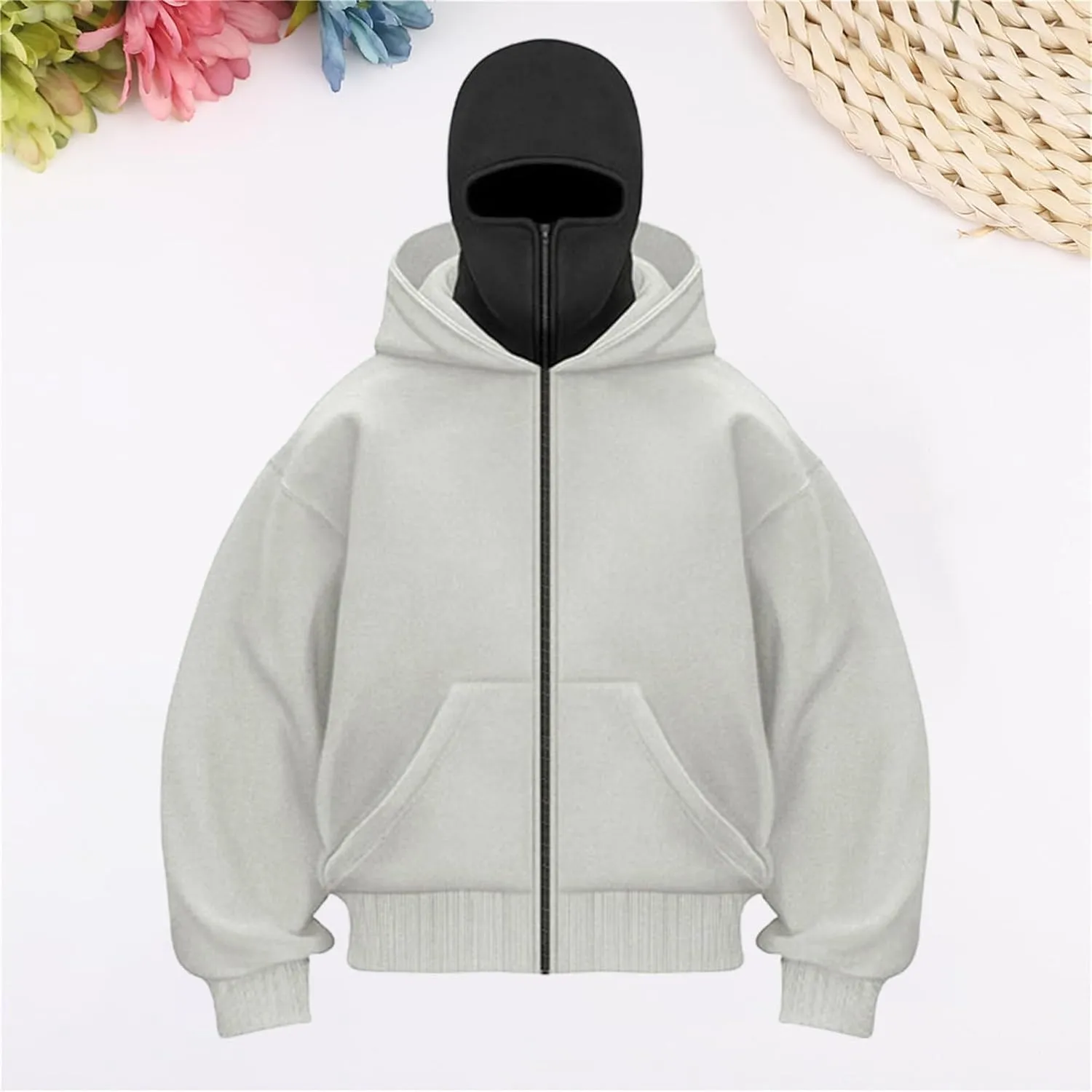 Balaclava Hoodie Men Oversized Cool Zip Up Hoodies with Windproof Balaclava Snowboarding Ski Sweatshirt Streetwear