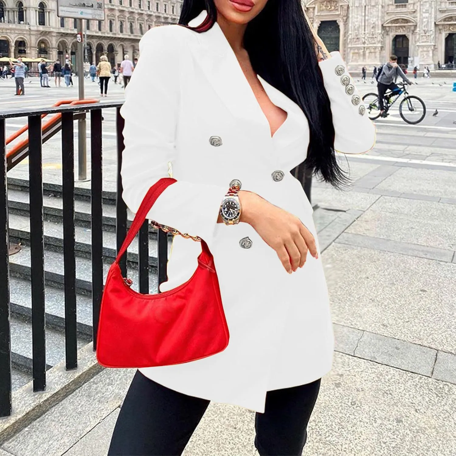 Blazer for Women Button Long Sleeve Lapel Pocket Mid-Length Style Elegant Trendy Convenient Simple Fashion Work Suit