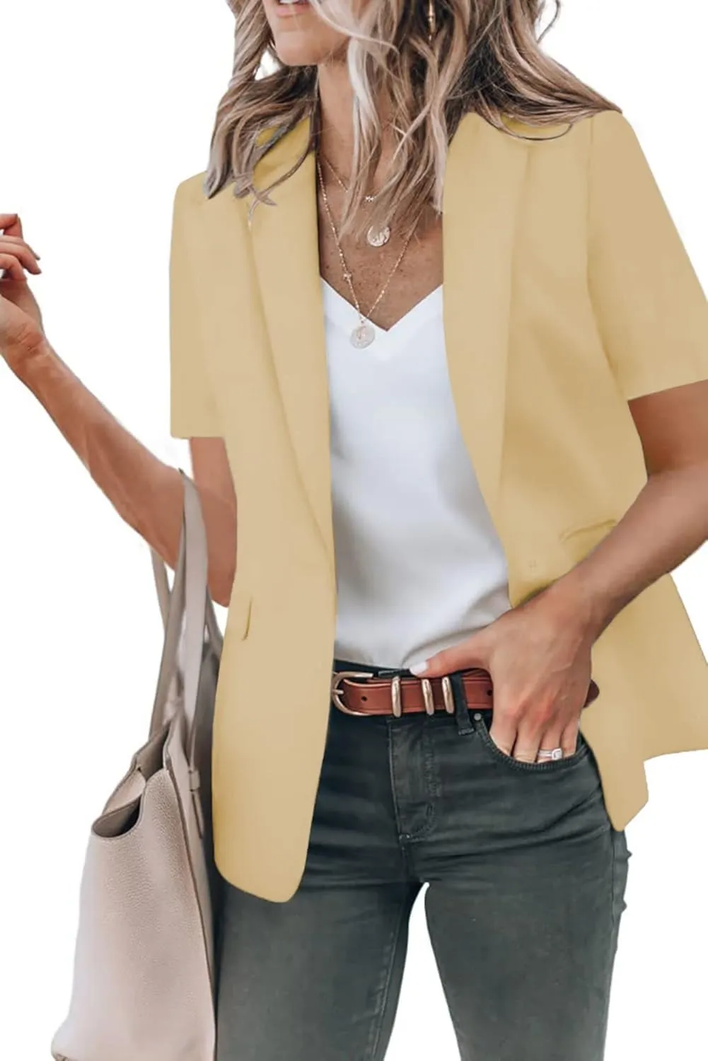 Blazers for Women Business Casual Short Sleeve Lapel Open Front Work Office Jacket Dressy Suit Jackets with Pockets