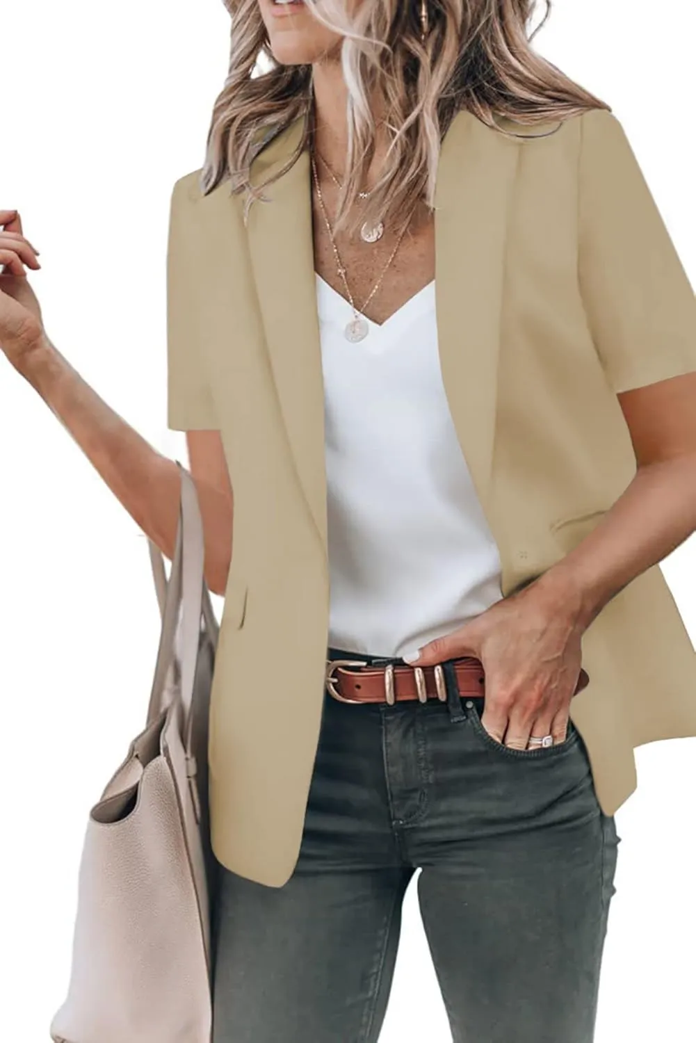 Blazers for Women Business Casual Short Sleeve Lapel Open Front Work Office Jacket Dressy Suit Jackets with Pockets