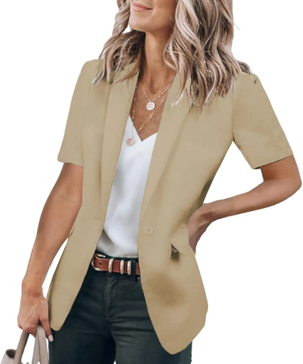 Blazers for Women Business Casual Short Sleeve Lapel Open Front Work Office Jacket Dressy Suit Jackets with Pockets
