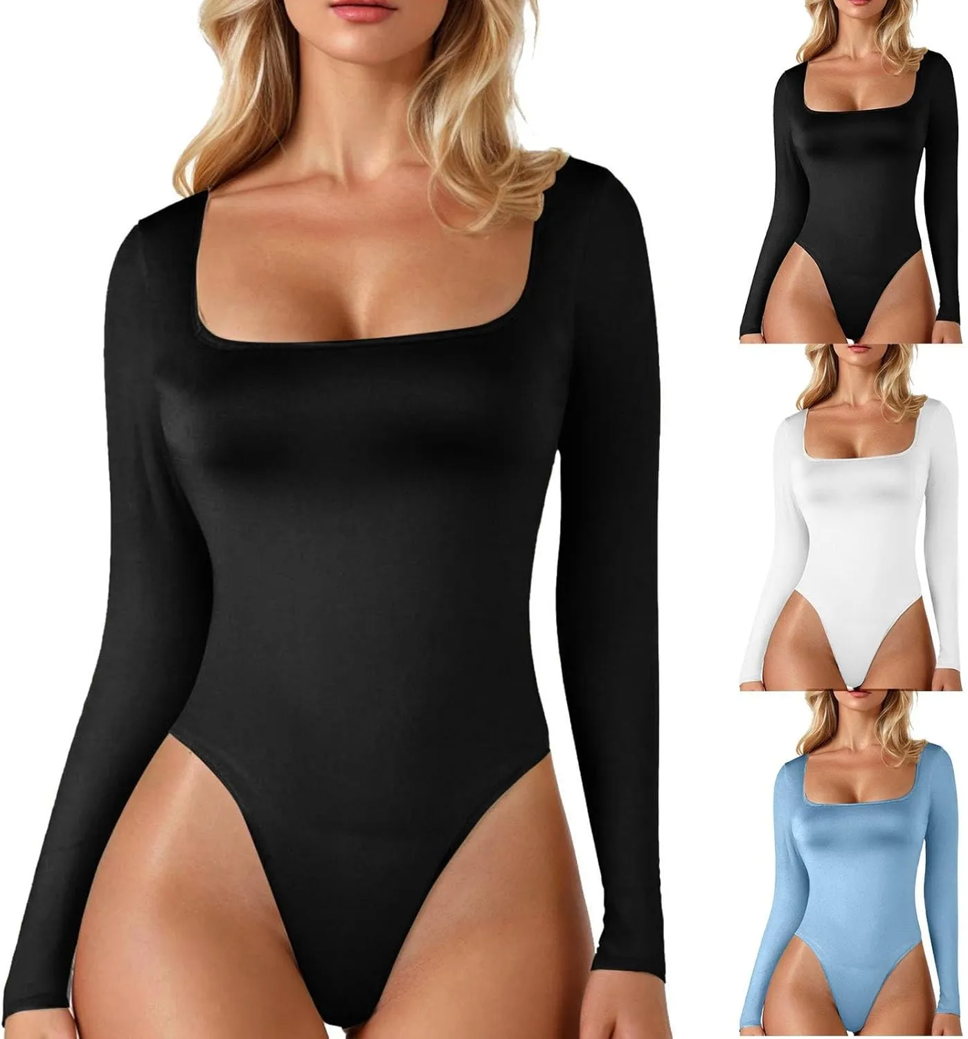Bodysuits for Women Women's Sexy Basic Square Neck Long Sleeve Lightweight Double Lined Layering Slim Bodysuit Tops