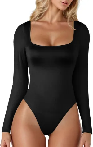 Bodysuits for Women Women's Sexy Basic Square Neck Long Sleeve Lightweight Double Lined Layering Slim Bodysuit Tops