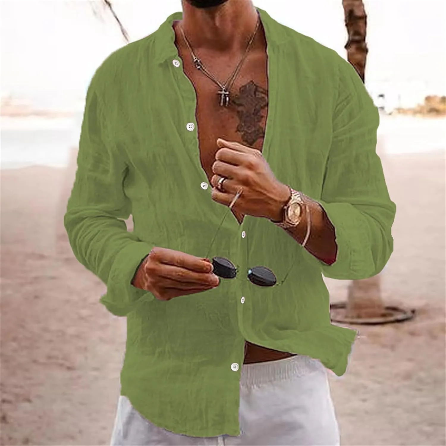 Button Down Linen Shirts for Men Casual Summer Beach Shirts Hipster Regular Fit Long Sleeve Shirts Everyday Clothing