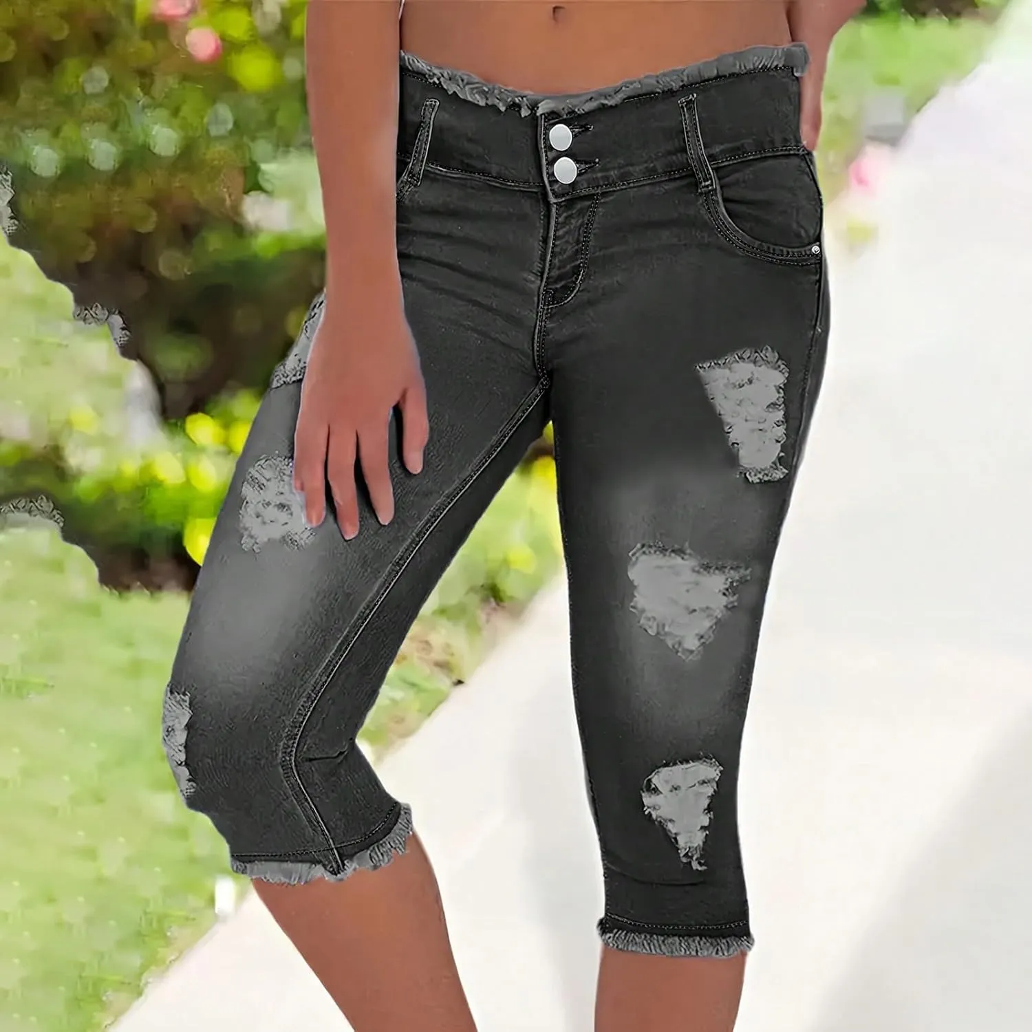 Capri Jeans for Women Stretch Low Rise Ripped Skinny Jeans Distressed Trendy Raw Hem Cropped Jeggings with Pockets