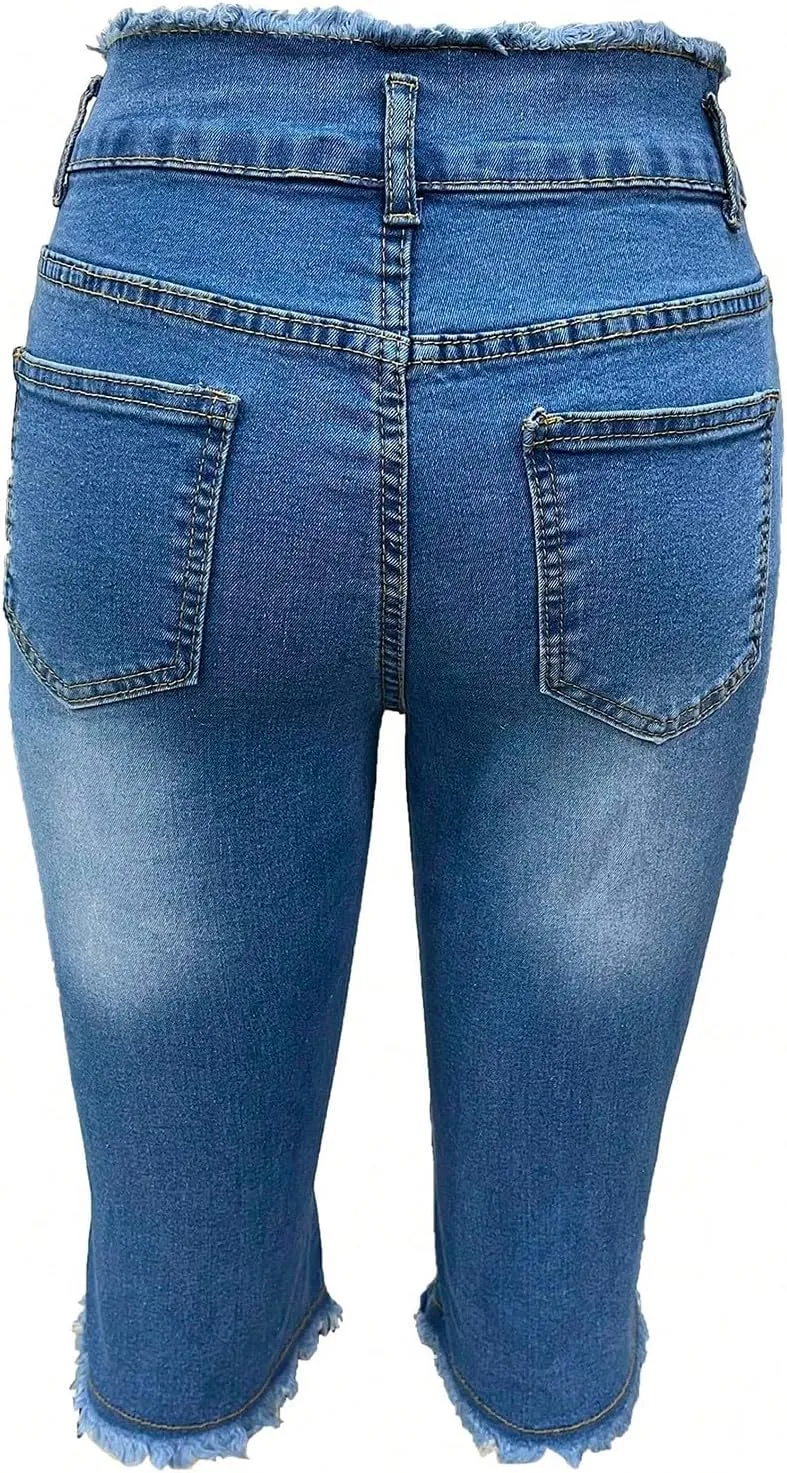 Capri Jeans for Women Stretch Low Rise Ripped Skinny Jeans Distressed Trendy Raw Hem Cropped Jeggings with Pockets