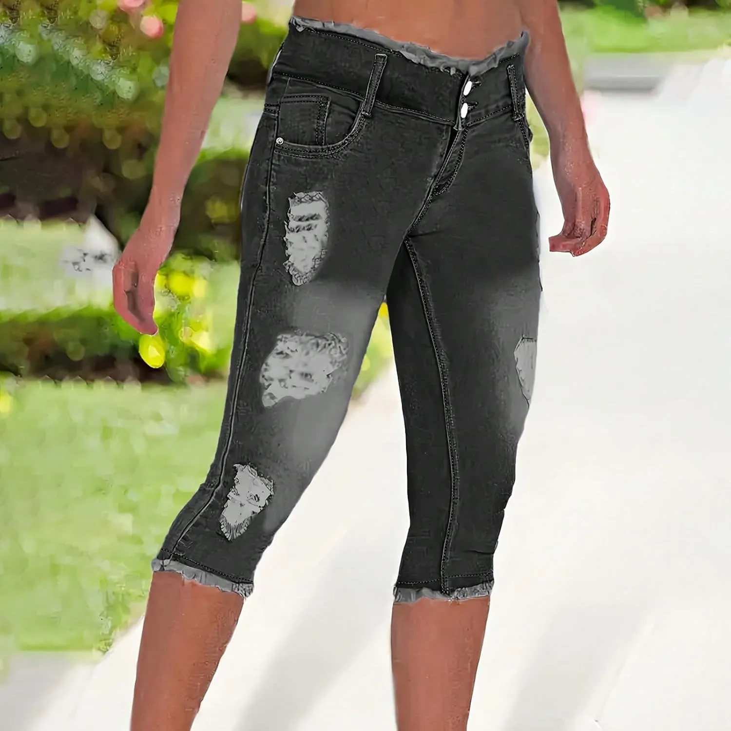 Capri Jeans for Women Stretch Low Rise Ripped Skinny Jeans Distressed Trendy Raw Hem Cropped Jeggings with Pockets