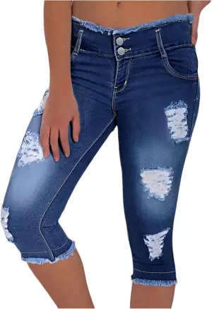 Capri Jeans for Women Stretch Low Rise Ripped Skinny Jeans Distressed Trendy Raw Hem Cropped Jeggings with Pockets