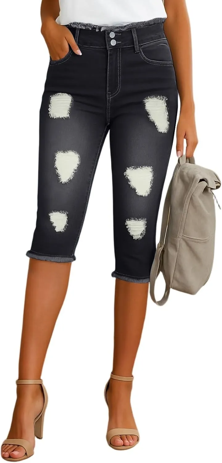 Capri Jeans for Women Stretch Low Rise Ripped Skinny Jeans Distressed Trendy Raw Hem Cropped Jeggings with Pockets
