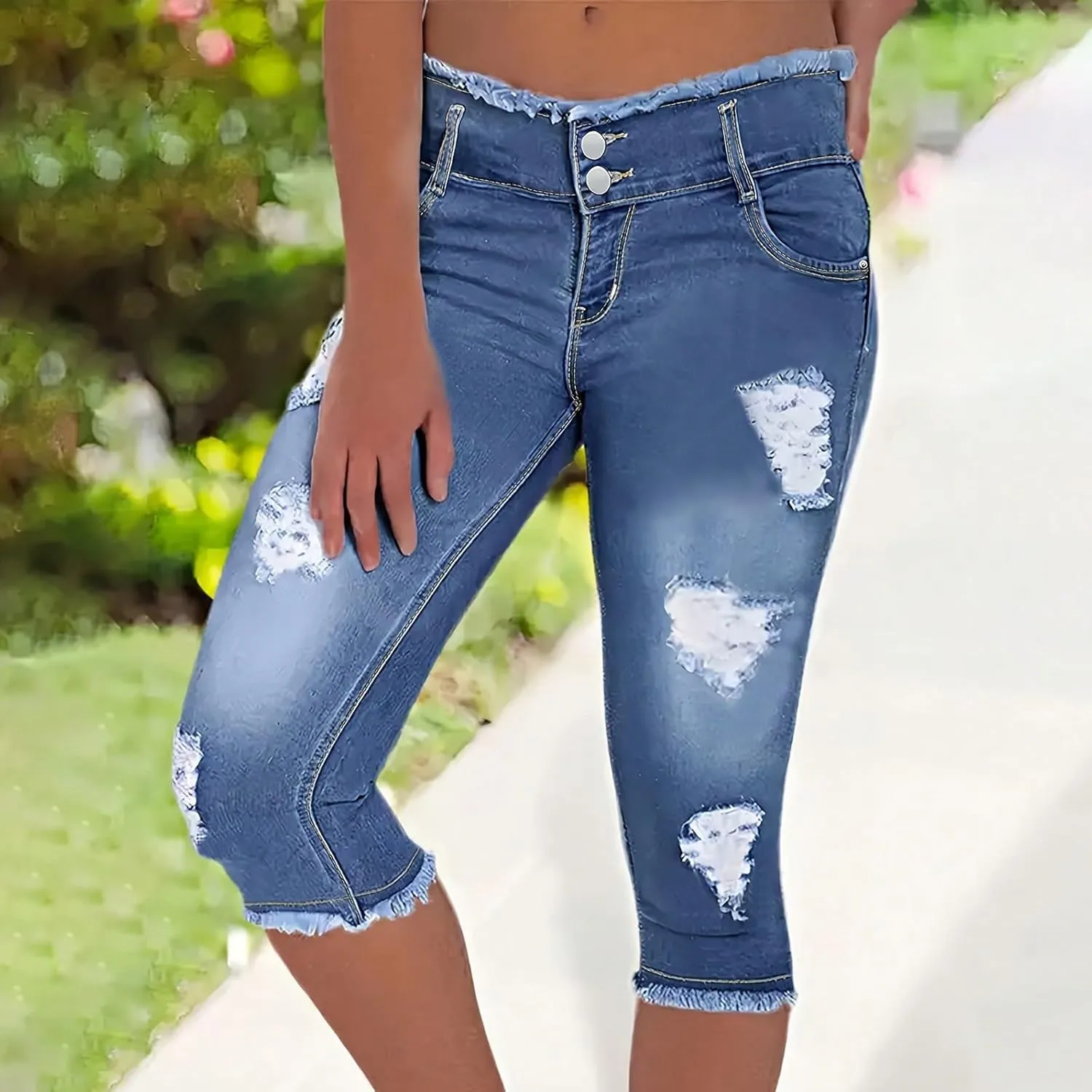 Capri Jeans for Women Stretch Low Rise Ripped Skinny Jeans Distressed Trendy Raw Hem Cropped Jeggings with Pockets