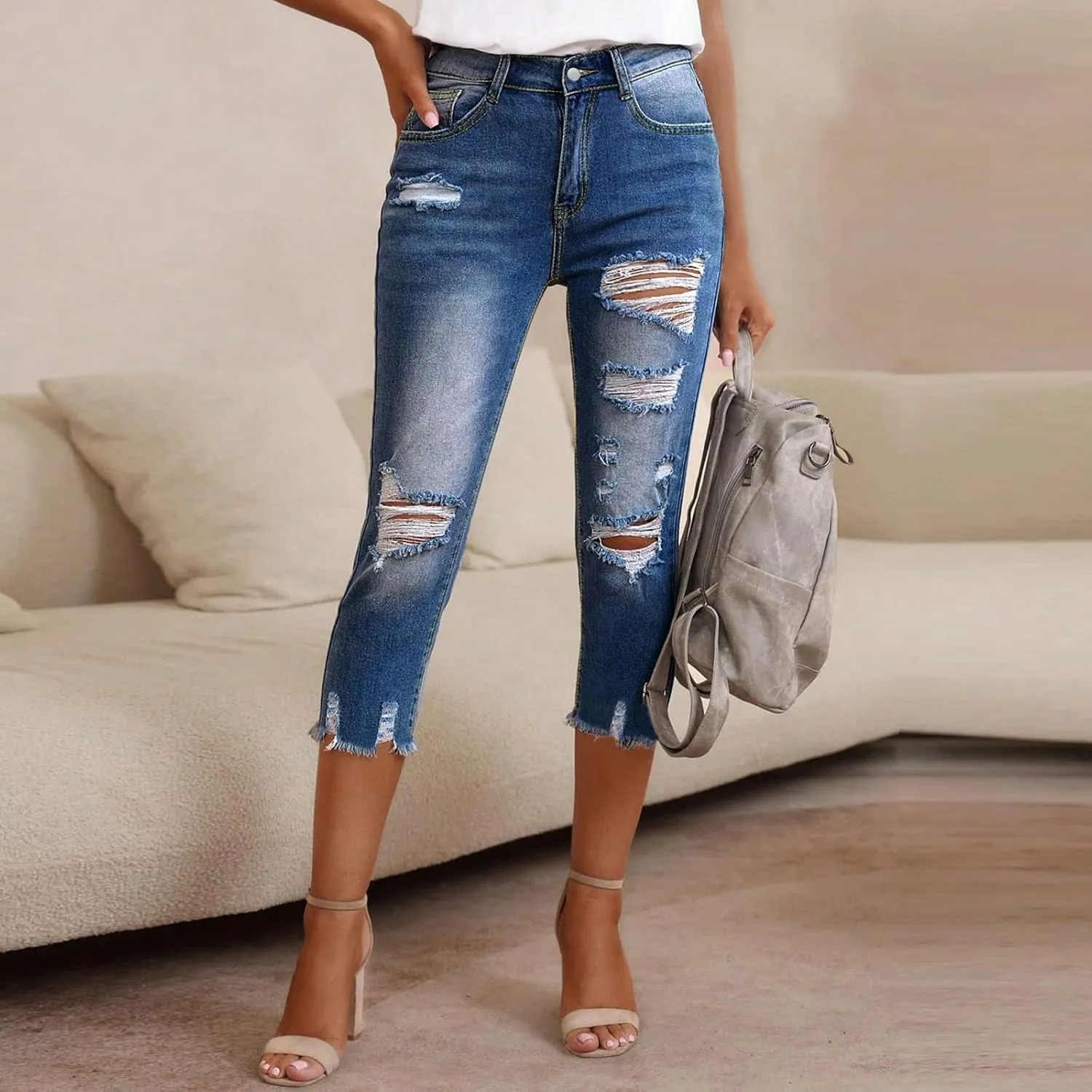 Capri Jeans for Women Stretch Low Rise Ripped Skinny Jeans Distressed Trendy Raw Hem Cropped Jeggings with Pockets