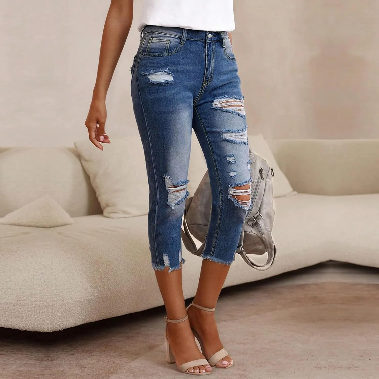 Capri Jeans for Women Stretch Low Rise Ripped Skinny Jeans Distressed Trendy Raw Hem Cropped Jeggings with Pockets