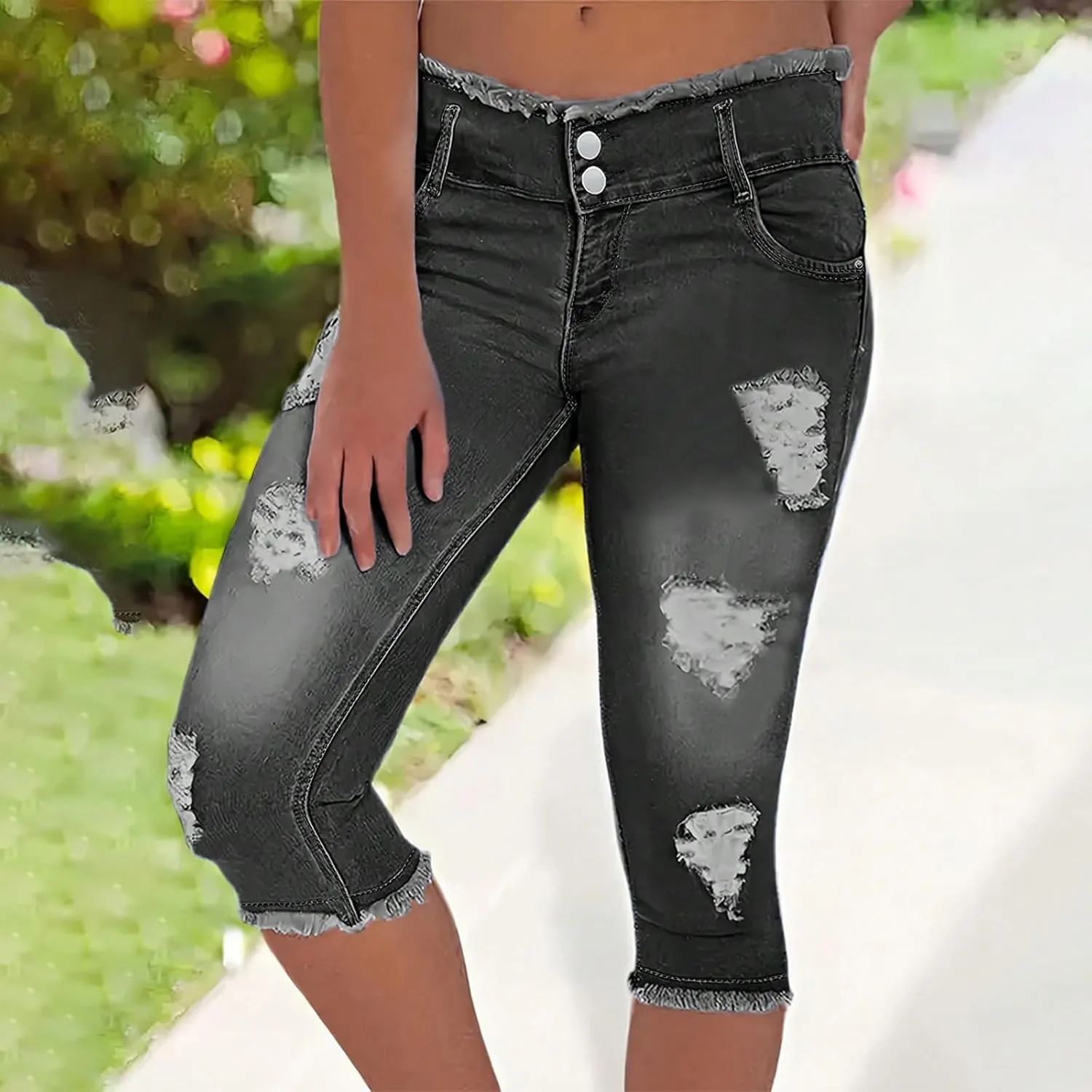 Capri Jeans for Women Stretch Low Rise Ripped Skinny Jeans Distressed Trendy Raw Hem Cropped Jeggings with Pockets
