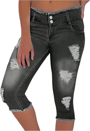 Capri Jeans for Women Stretch Low Rise Ripped Skinny Jeans Distressed Trendy Raw Hem Cropped Jeggings with Pockets