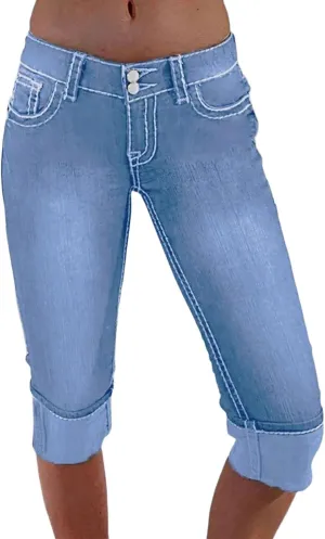 Capri Jeans for Women Stretch Low Rise Ripped Skinny Jeans Distressed Trendy Raw Hem Cropped Jeggings with Pockets