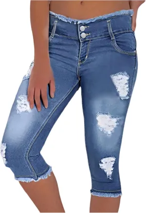 Capri Jeans for Women Stretch Low Rise Ripped Skinny Jeans Distressed Trendy Raw Hem Cropped Jeggings with Pockets