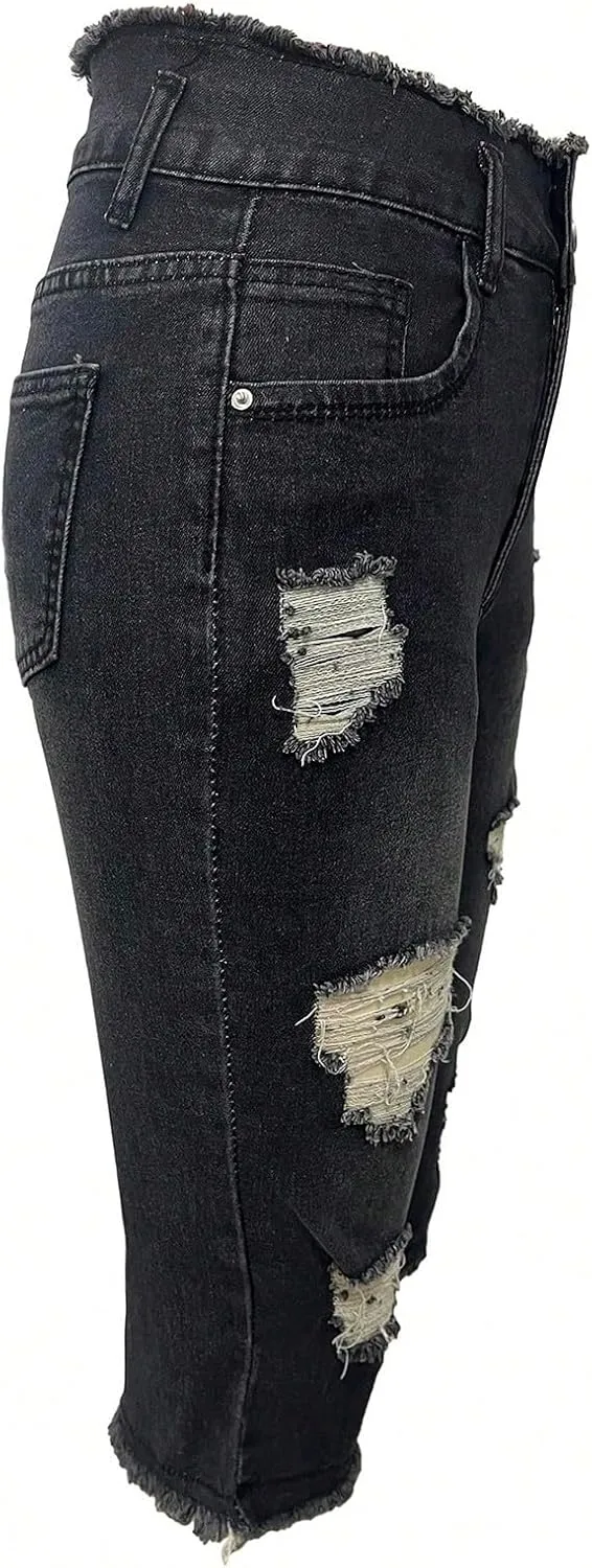 Capri Jeans for Women Stretch Low Rise Ripped Skinny Jeans Distressed Trendy Raw Hem Cropped Jeggings with Pockets