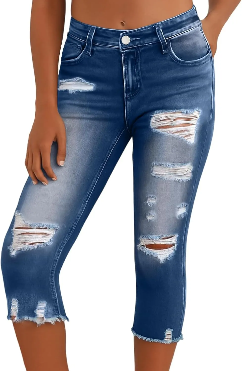 Capri Jeans for Women Stretch Low Rise Ripped Skinny Jeans Distressed Trendy Raw Hem Cropped Jeggings with Pockets