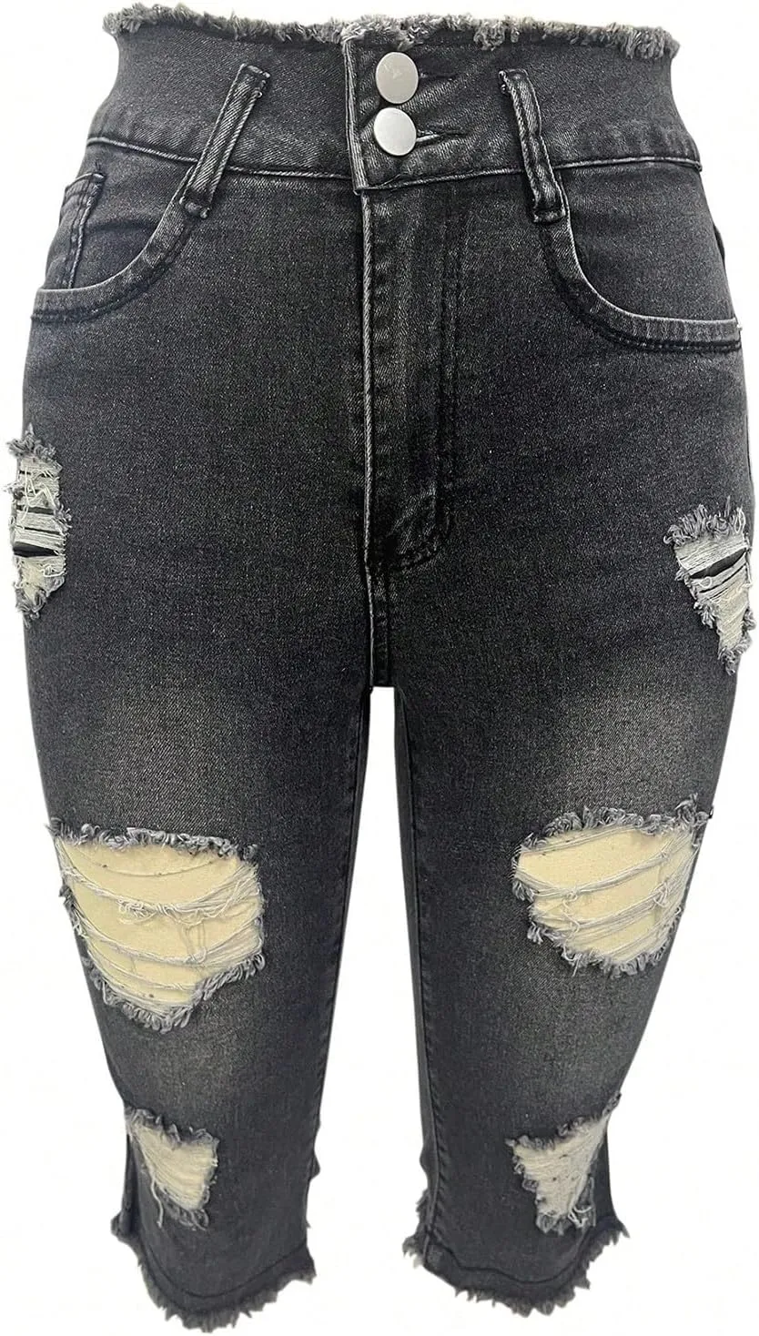 Capri Jeans for Women Stretch Low Rise Ripped Skinny Jeans Distressed Trendy Raw Hem Cropped Jeggings with Pockets