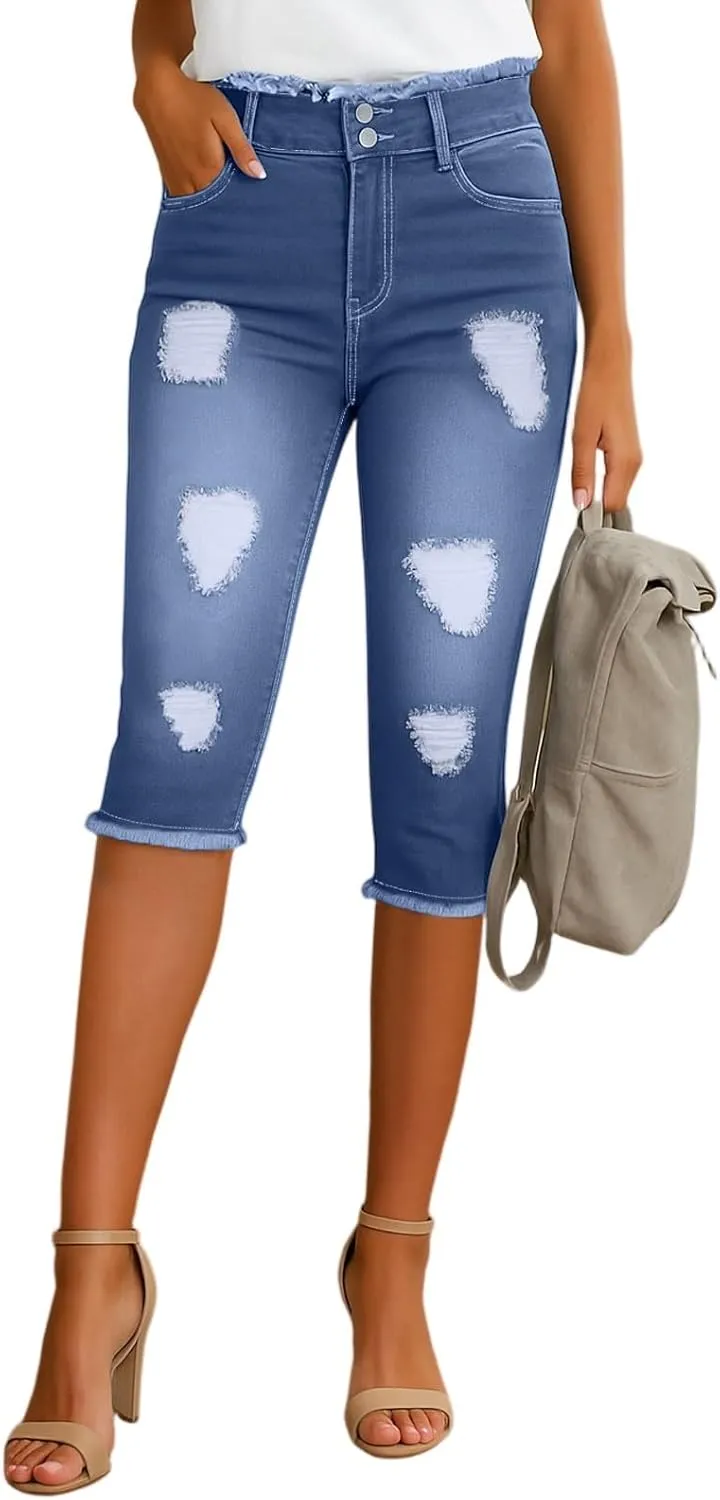 Capri Jeans for Women Stretch Low Rise Ripped Skinny Jeans Distressed Trendy Raw Hem Cropped Jeggings with Pockets