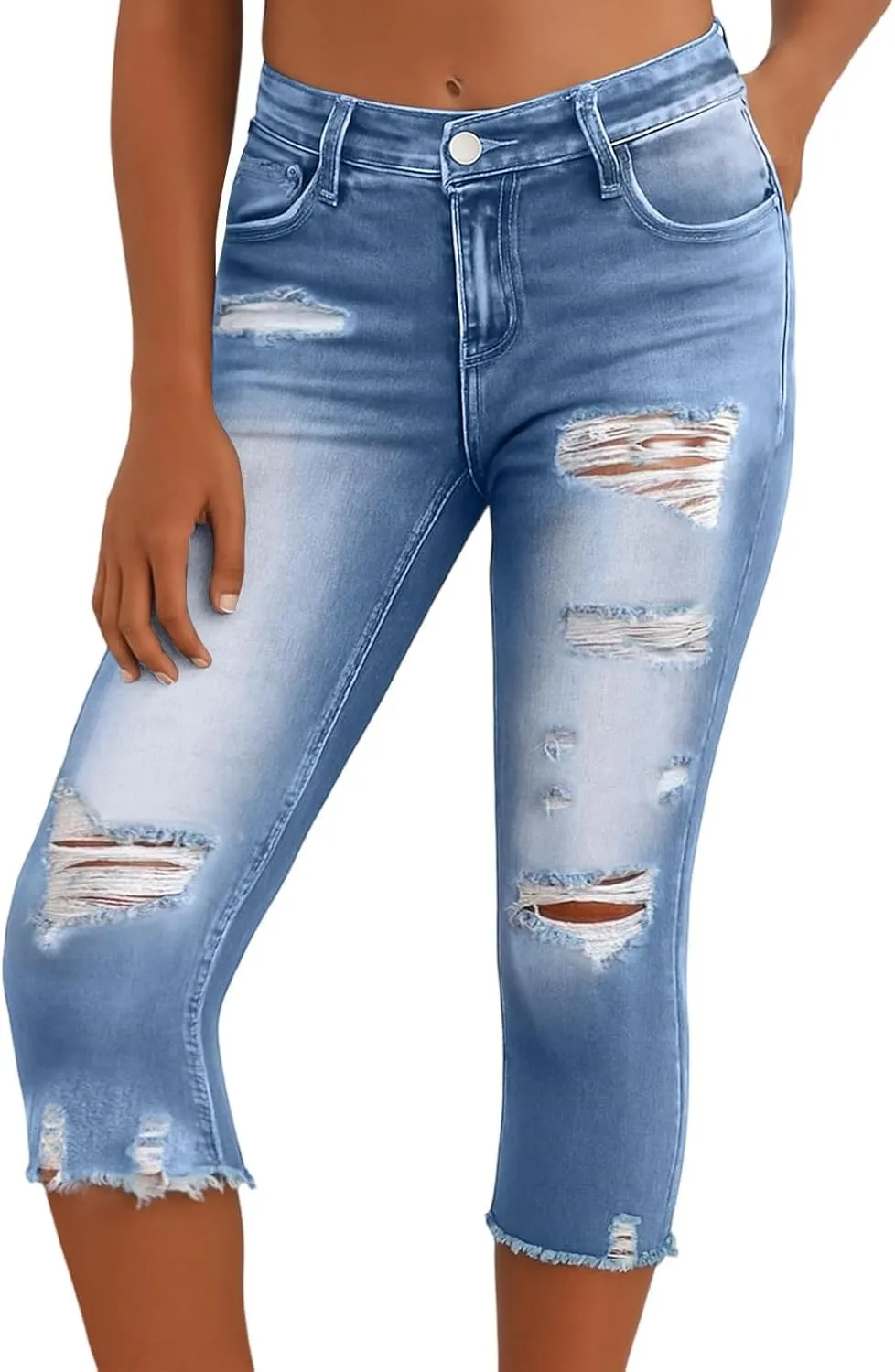 Capri Jeans for Women Stretch Low Rise Ripped Skinny Jeans Distressed Trendy Raw Hem Cropped Jeggings with Pockets