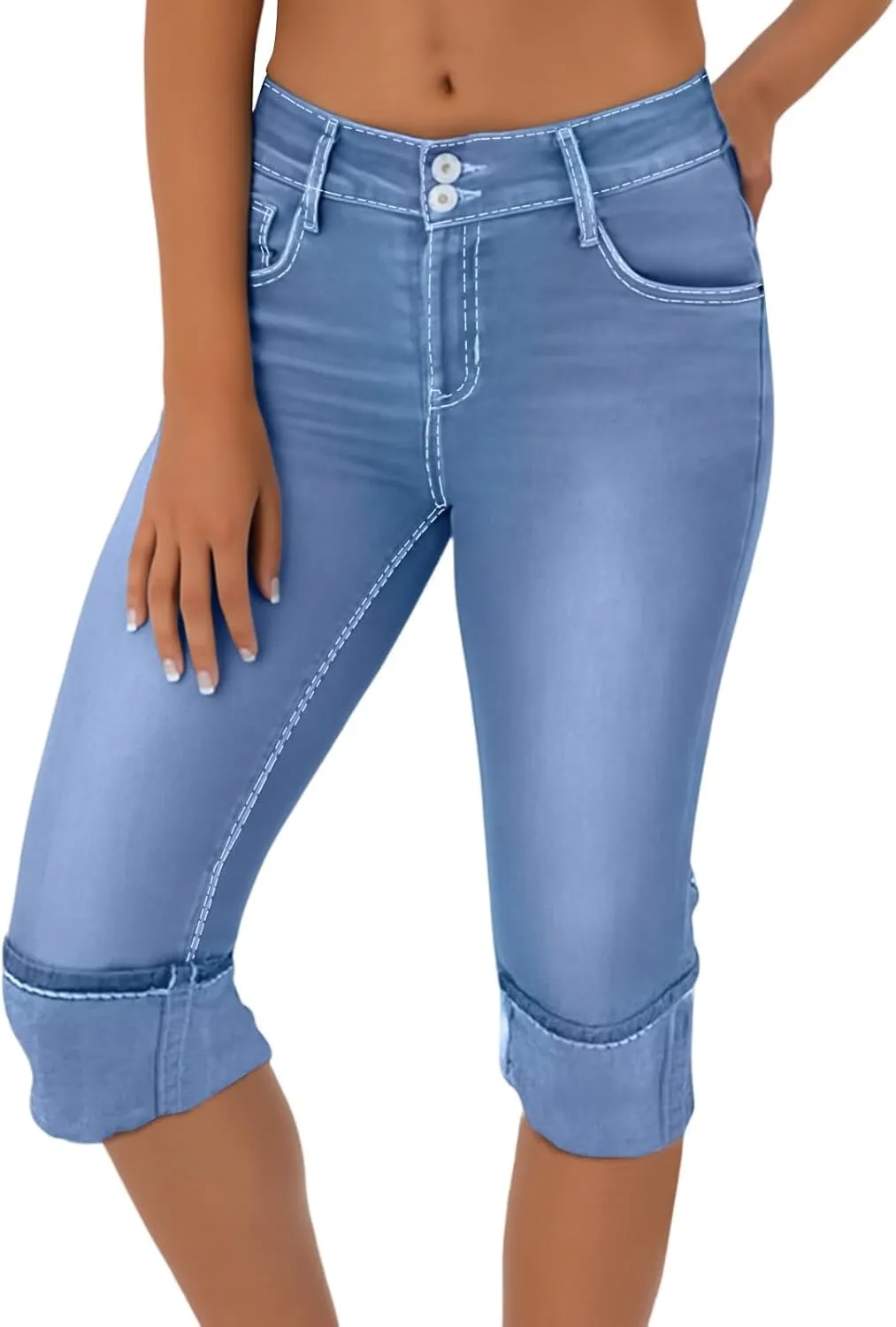 Capri Jeans for Women Stretch Low Rise Ripped Skinny Jeans Distressed Trendy Raw Hem Cropped Jeggings with Pockets